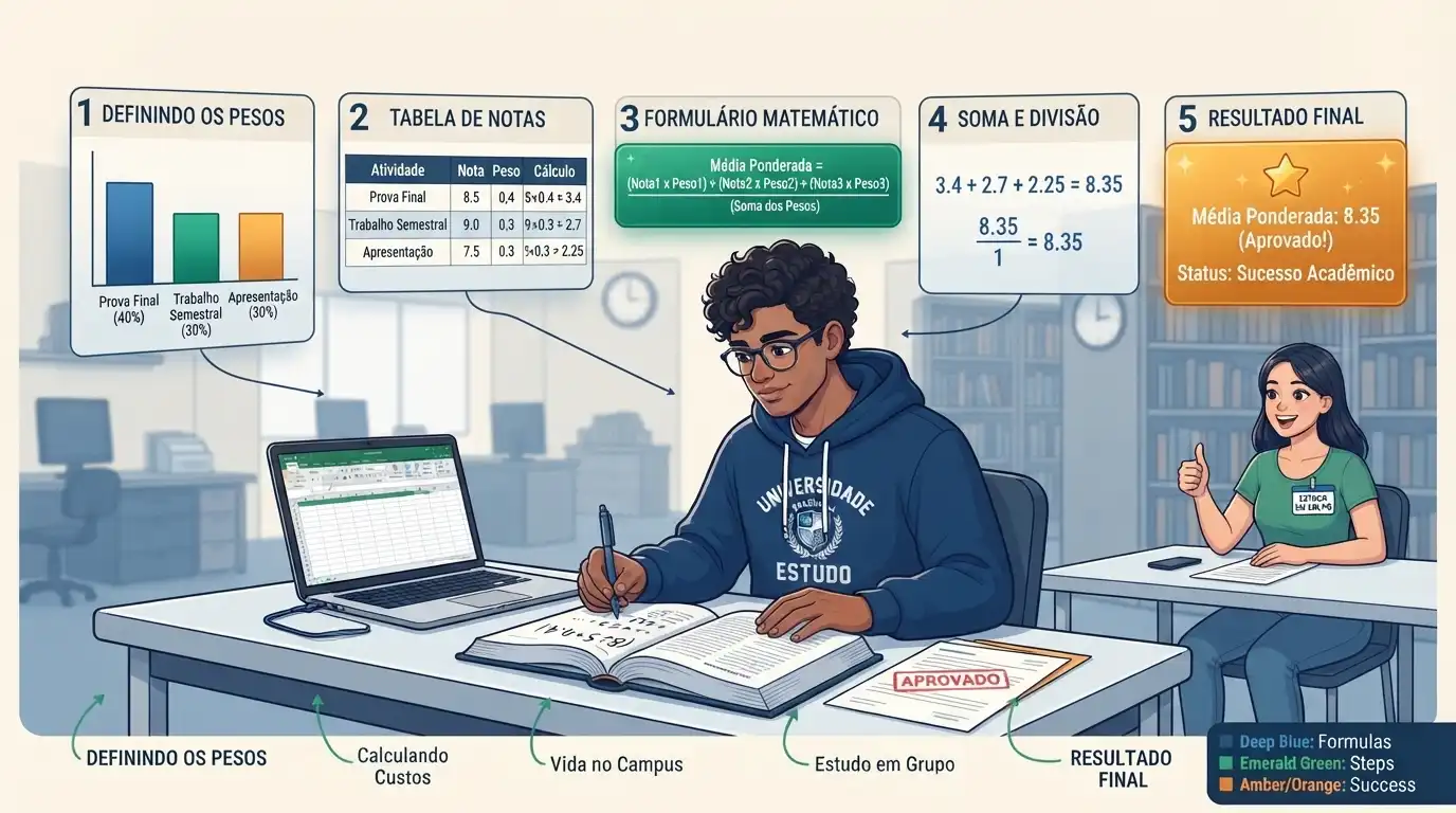 Explicação em passos detalhados sobre como funciona o cálculo de média ponderada escolar