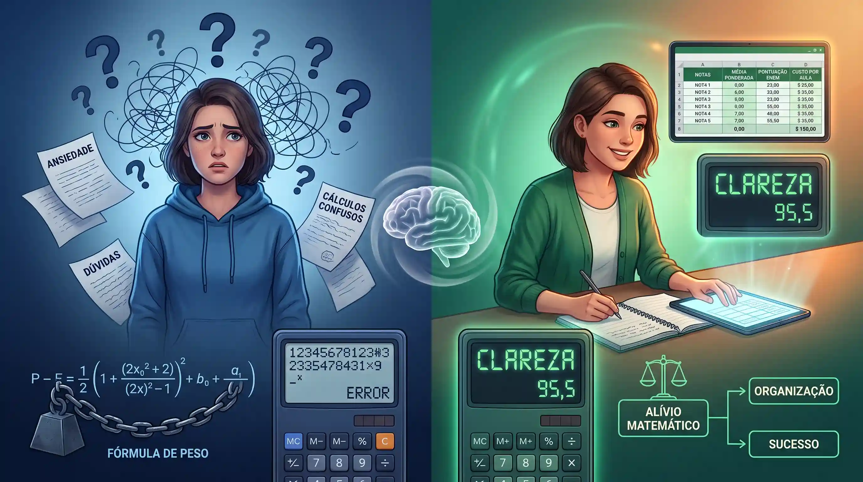 Estudante aliviado usando calculadoras para planejar médias e notas acadêmicas