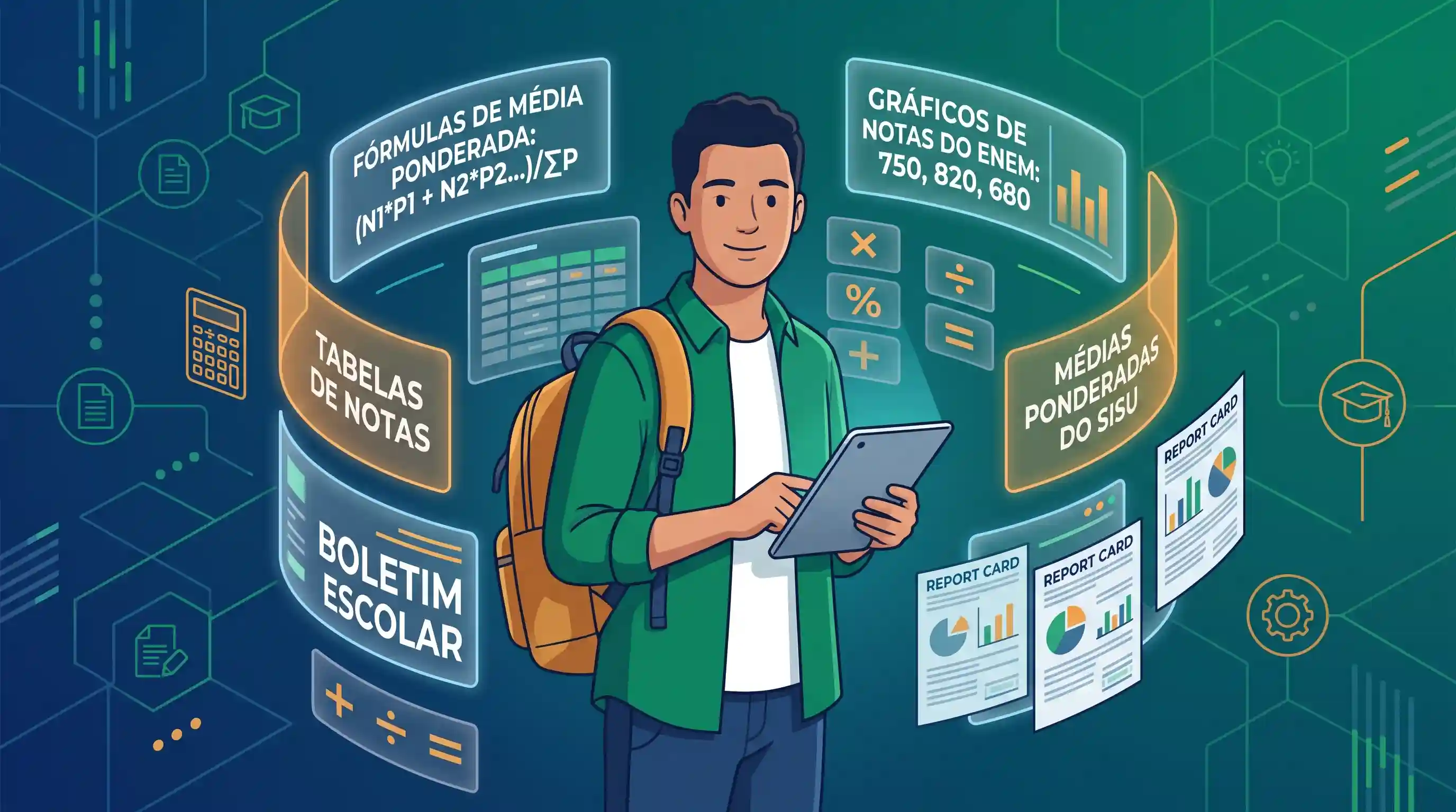 Ilustração de dashboard exibindo cálculos acadêmicos e ferramentas de notas