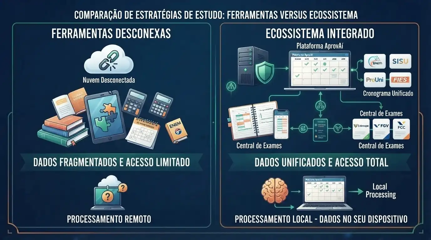Interface digital limpa mostrando nosso ecossistema e dashboard de análise estudantil