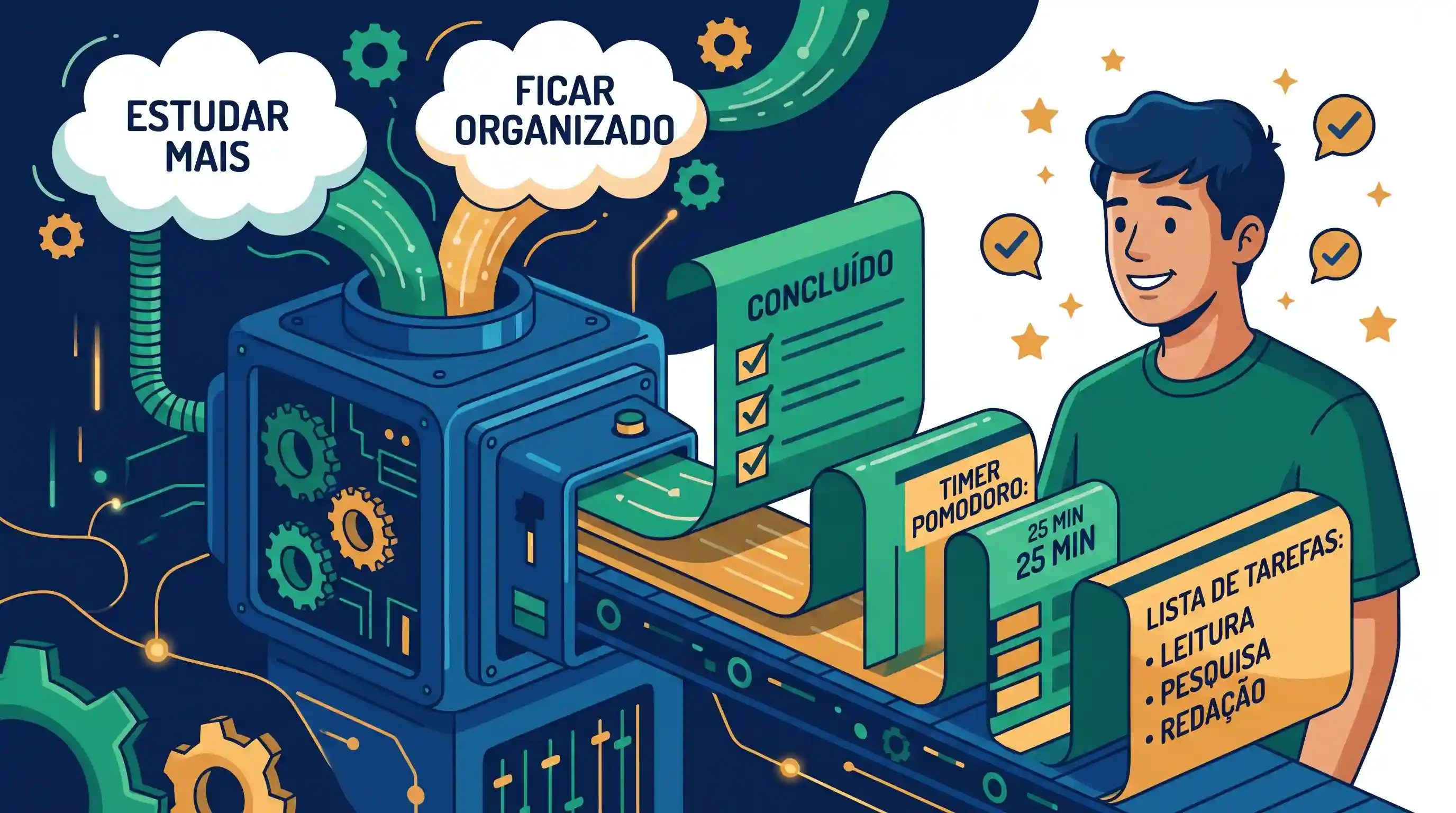 Exibição de geradores de checklist e ciclos pomodoro para focar nos estudos