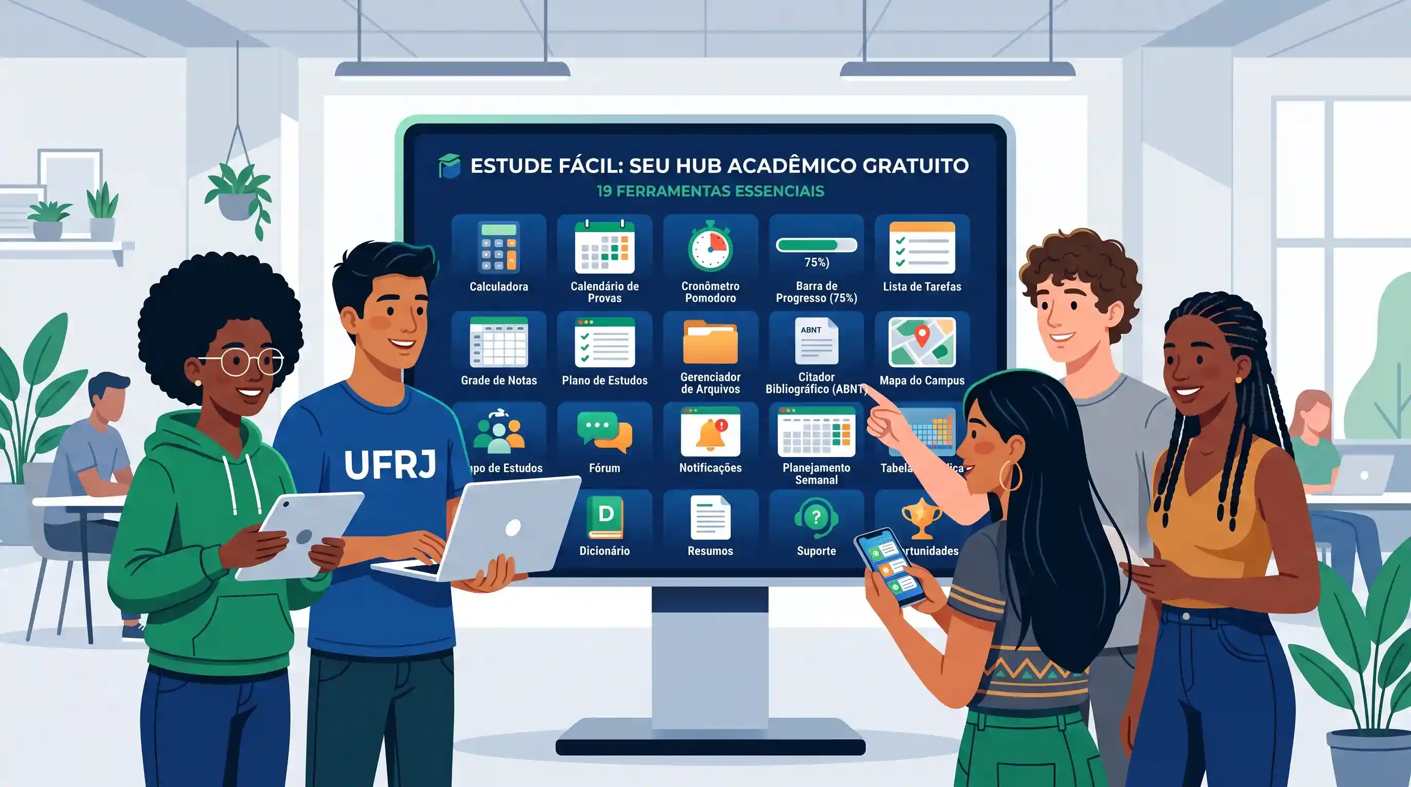 Interface digital do hub central de ferramentas acadêmicas gratuitas para estudantes