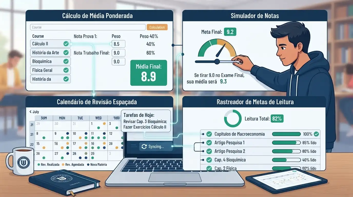 Visualização do dashboard de ferramentas essenciais para organização acadêmica